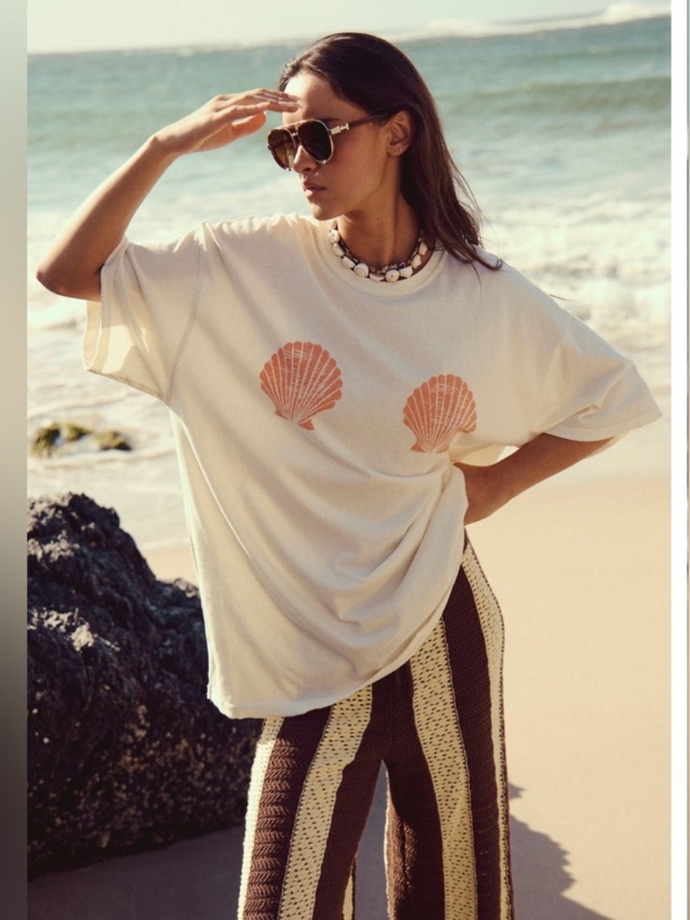 We The Free Cream Short-Sleeve Tee with Peach Shell Print